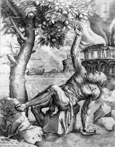 Tántalo, grabado por Giulio Sanuto, c.1550s de Tiziano Vecelli